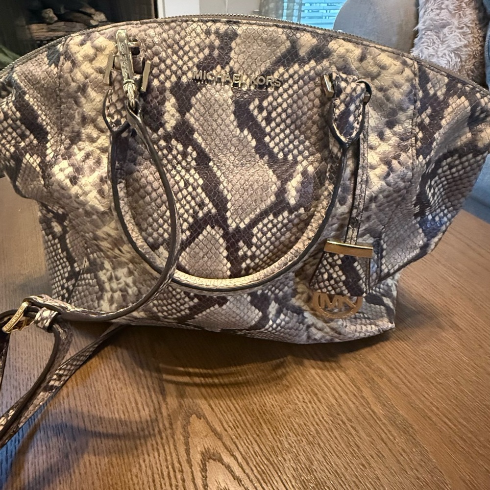 Michael Kors Python-Print Dome Satchel in Brown and Gray